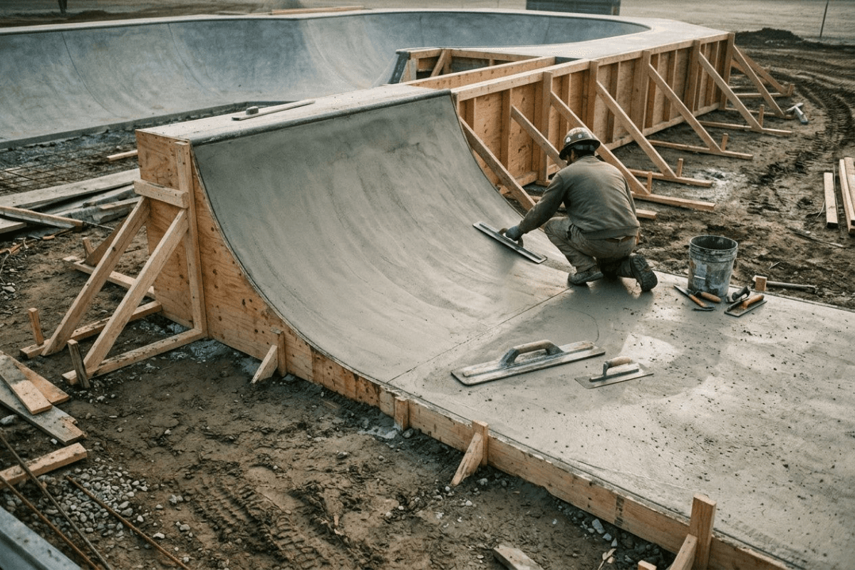 A concrete skate park under construction, smooth curved transitions being finished with formwork and a trowel