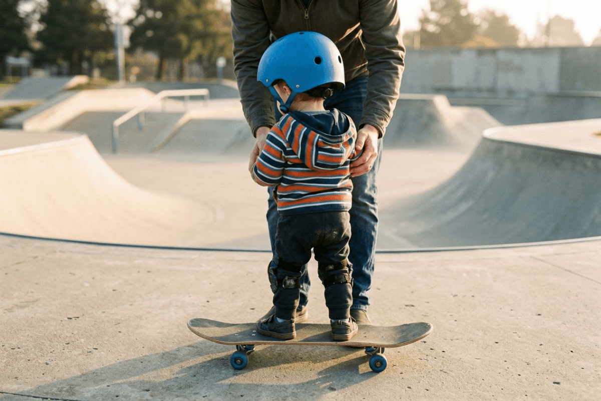 A young child in a helmet and pads balancing on a skateboard at the quiet edge of a skate park, steadied from behind